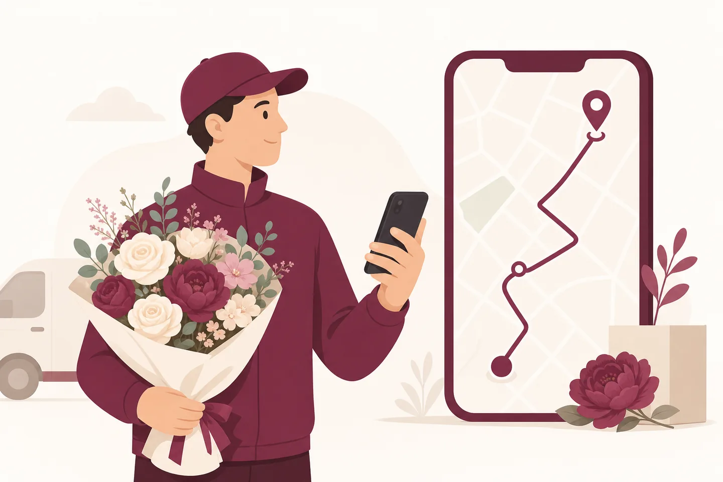 Repartidor de flores con ruta de entrega en smartphone