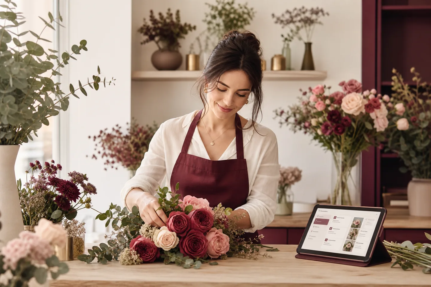 Florista organizando pedidos en taller con apoyo de tecnología