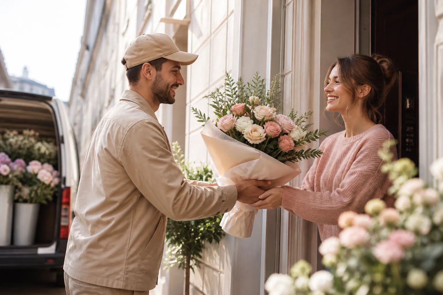 Repartidor entregando un ramo de flores en una ruta de entrega