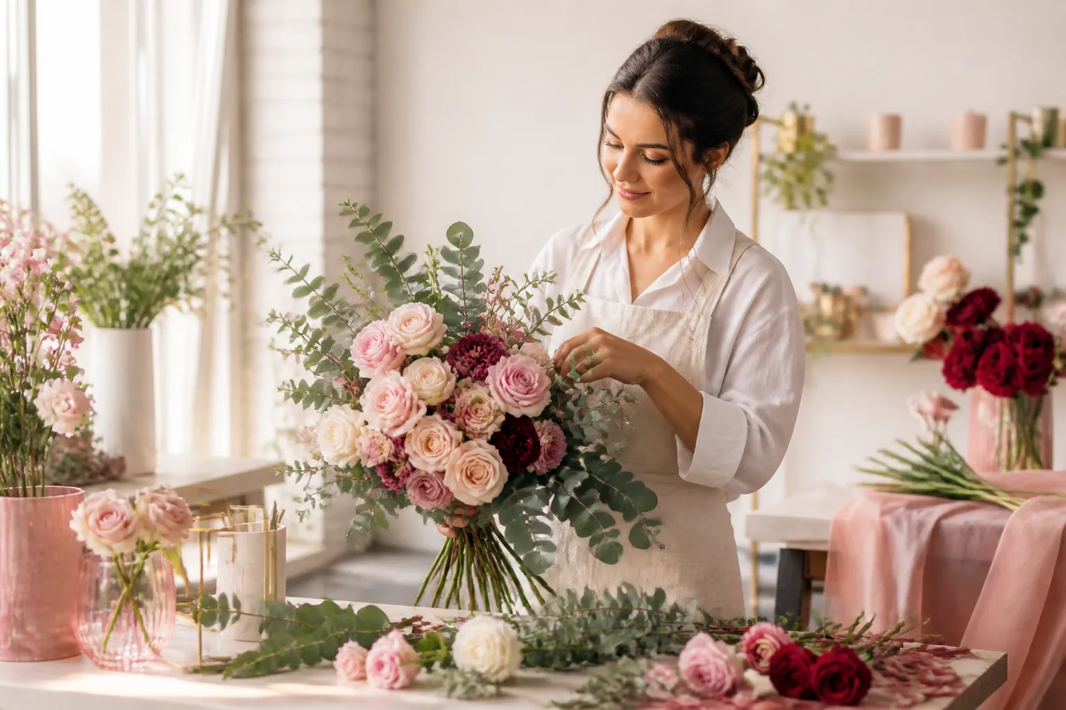 Florista preparando arreglos florales en un taller moderno y luminoso