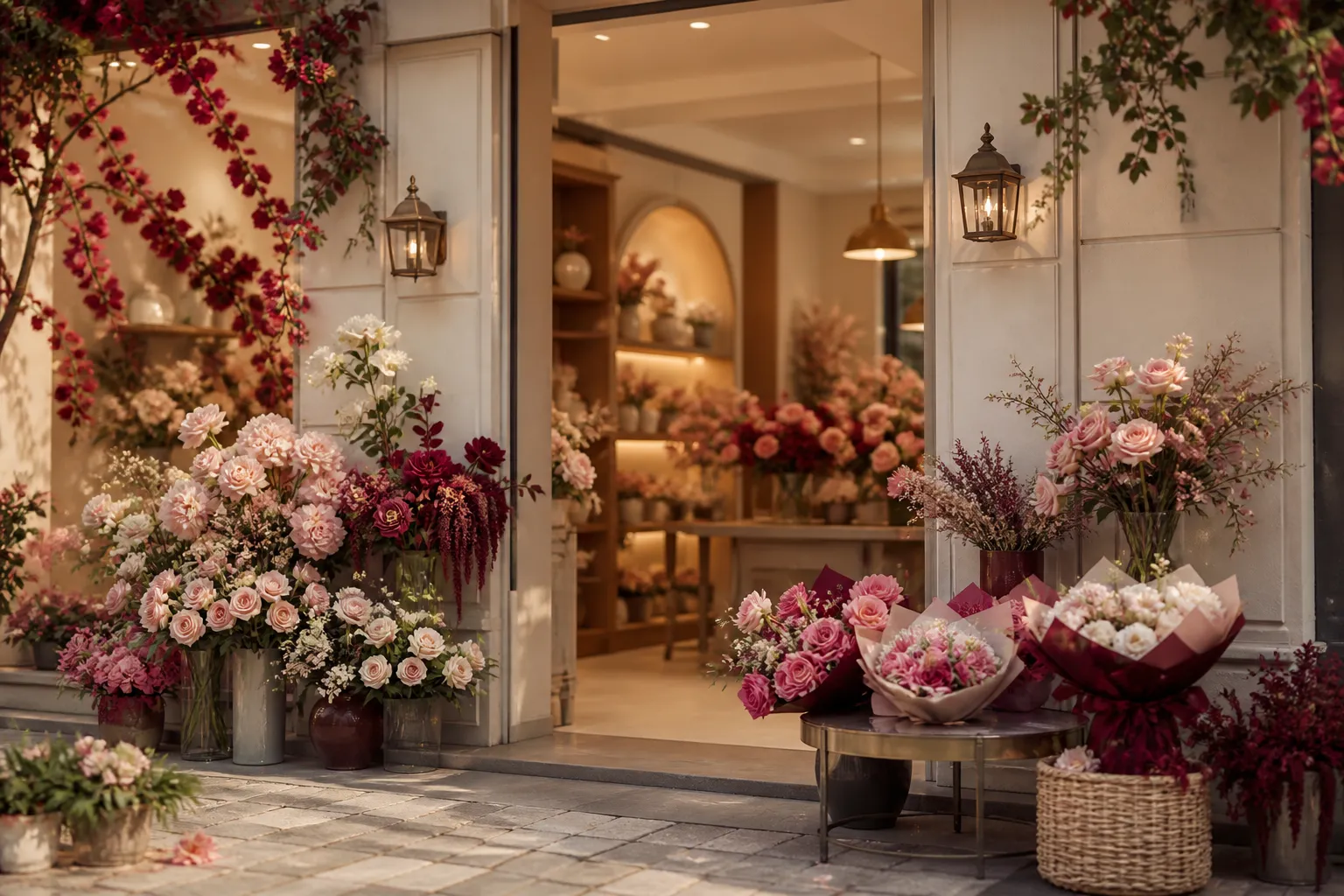 Escaparate elegante de florería con arreglos premium y ambiente acogedor