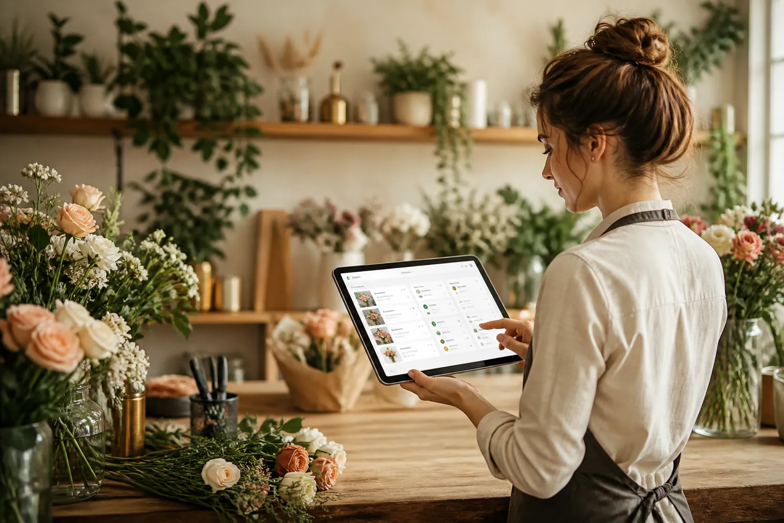 Florista gestionando pedidos digitales con tablet en su espacio de trabajo