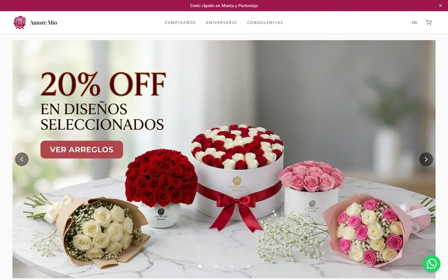 Página de inicio de tienda web Amore Mio con hero y productos destacados